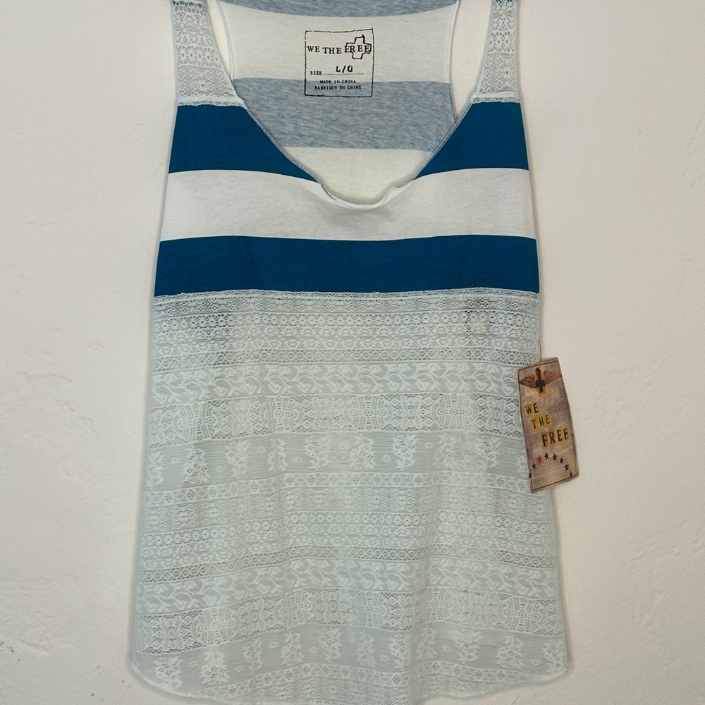 NWT - We The Free - Striped + Lace Teal/White Tank - Picture 6 of 14